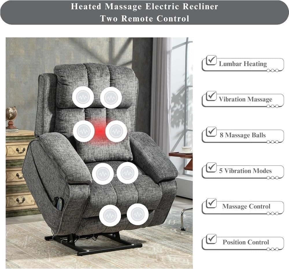 Power Lift Chair Recliner for Elderly Lay Flat Lift Chair with Massage and Heat Fabric Electric Reclining Sofa with USB Charging Side-Open Storage for Living Room