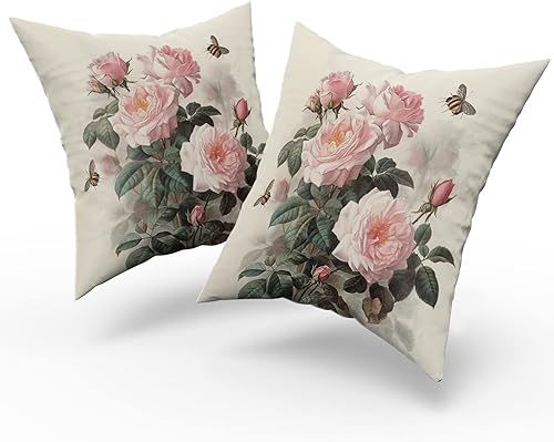 Miniatura 8 de Sweetshow Juego de 2 fundas de almohada con estampado floral de rosas rosadas de 18 x 18 pulgadas, diseño vintage de hojas y abejas, arte moderno,