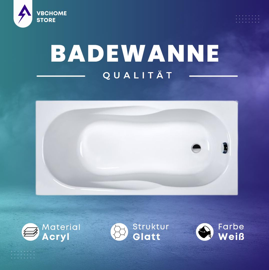 VBChome Badewanne 170x70x41 cm Acryl SET Rechteckwanne, Styroporträger, Siphon, Ablaufgarnitur Chrom, Modernes Design Weiß Robustes Material Antibakterielle Oberfläche, Einfache Montage, Wärmedämmung