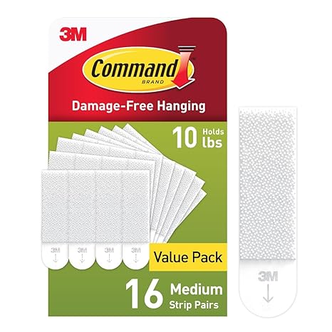3M Command Medium Picture Hanging Strips, Holds 5kg, Damage free, Heavy Duty, Holds Strongly, Adhesive hooks for wall, Multi-surface, hooks for hanging (White, 32 strips), Foam