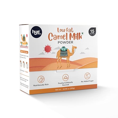 HYE FOODS Leche de camello en polvo baja en grasa | Pastura pasturada 100% pura y natural, 15 x 20 gm, 10.58 onzas (300 gm)