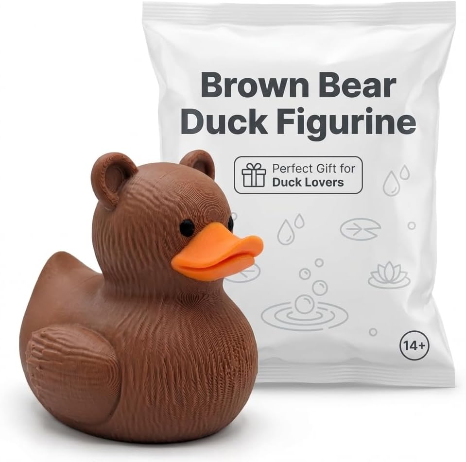 Brown Bear Duck Collectible Figurine - Unique Detailed Desk Decor for Home or Office Display - 3D Printed in Canada