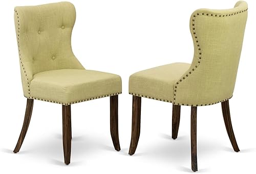 East West Furniture SIP7T37 Sion Modern Parson - Juego de 2 sillas tapizadas de tela de lino con botones copetudos y ribete de clavo, juego de 2,