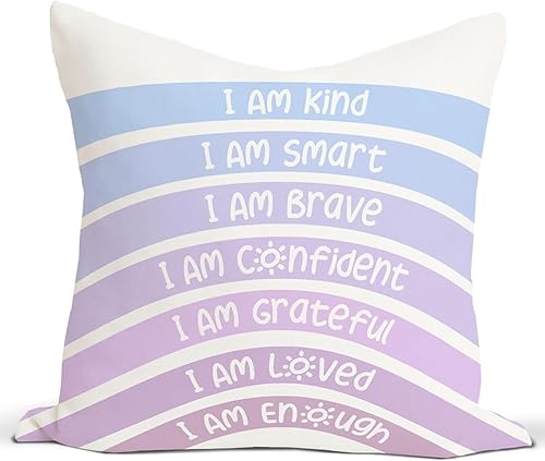 Rusenbao Fundas de almohada color morado arcoíris para aula de 18 x 18 pulgadas, esquina de rincón de lectura para niños, con texto en inglés "I am