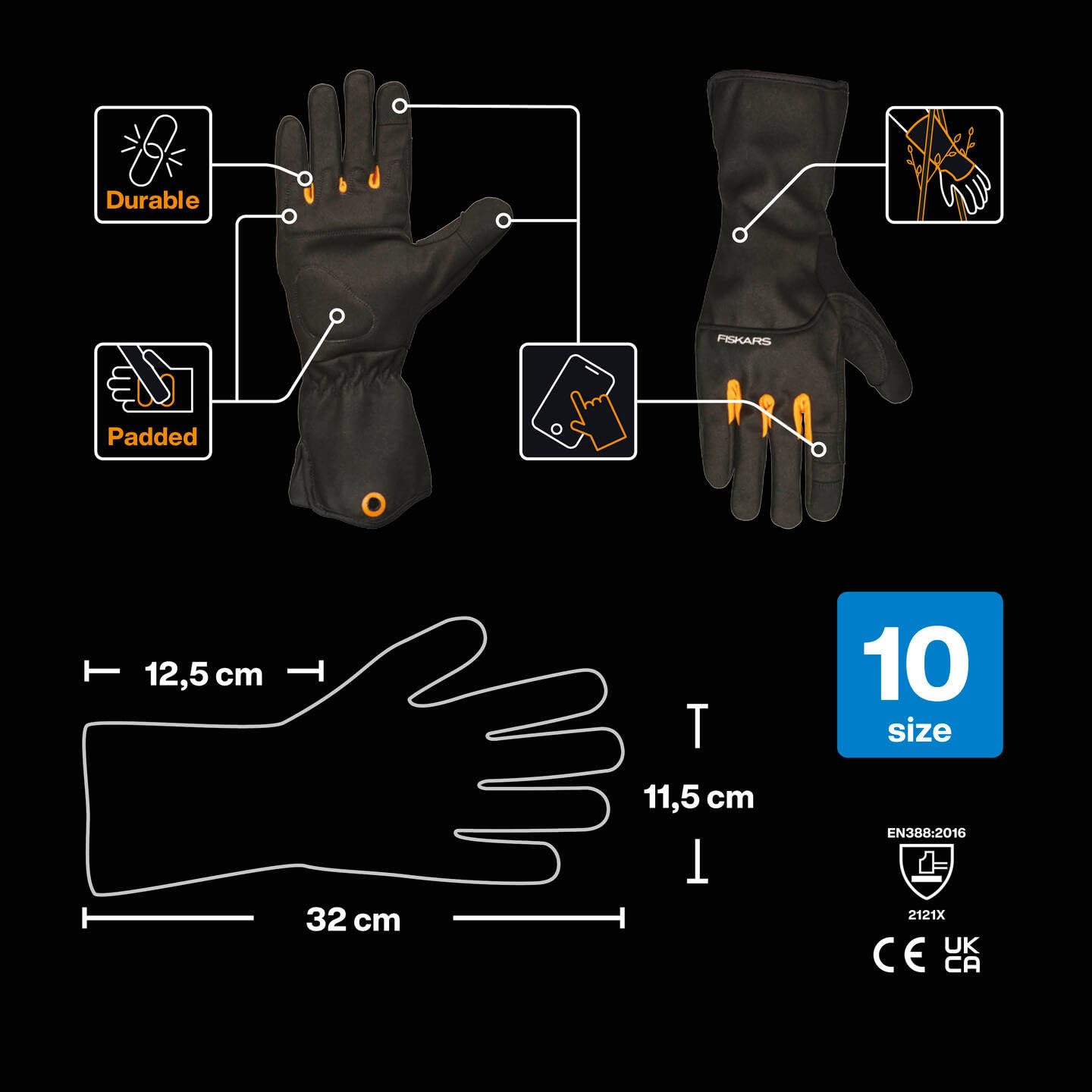 Fiskars Guantes para el Cuidado de Arbustos, Guantes de Trabajo para el Jardín, Pulgares y Puntas de los Dedos Compatibles con Pantallas Táctiles, Imitación de Cuero, Talla 10, Negro/Naranja, 1071153