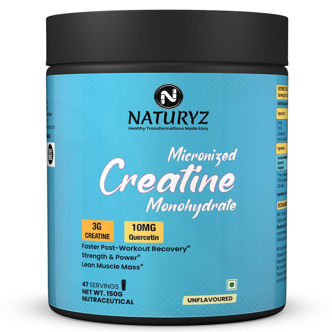 NATURYZ Pure Micronized Creatine Monohydrate | Rapid Absorption | Quercetin | Muscle Strength & Power for Intense Workout | Supports Athletic Performance | Enhances Lean Muscle Volume - 150g(Unflavoured) (B0D6Z438LY) Amazon Price History, Amazon Price Tracker