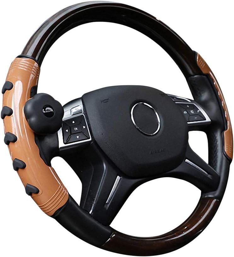 Upgraded Sports Steering Wheel Cover, Vehicle Interior Decoration Odorless Anti Slip Waterproof Universal Automotive Product, Spinner Knob Makes Easier to Drive with One Hand [Light Brown]