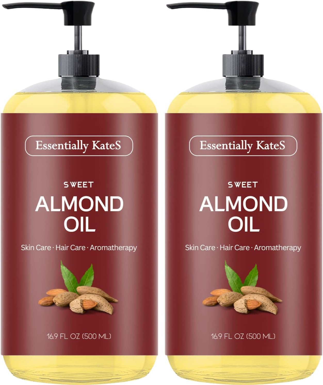 Essentially KateS Sweet Almond Oil 33.8 Fl Oz - Pack of 2 x 16.9 Fl Oz - 100% Pure and Natural - Conditioning, Moisturizing & Nourishing - No Greasy Feel - A Natural Vit. E source