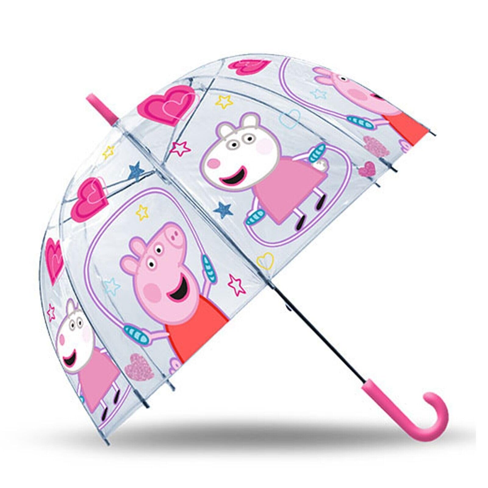 SRV Hub Peppa Pig Kids Umbrella 75cm, Transparent PVC Dome, Lightweight, Windproof, Rain & Sun Protection, Girls 3-7 Years, Durable, Portable, J Handle