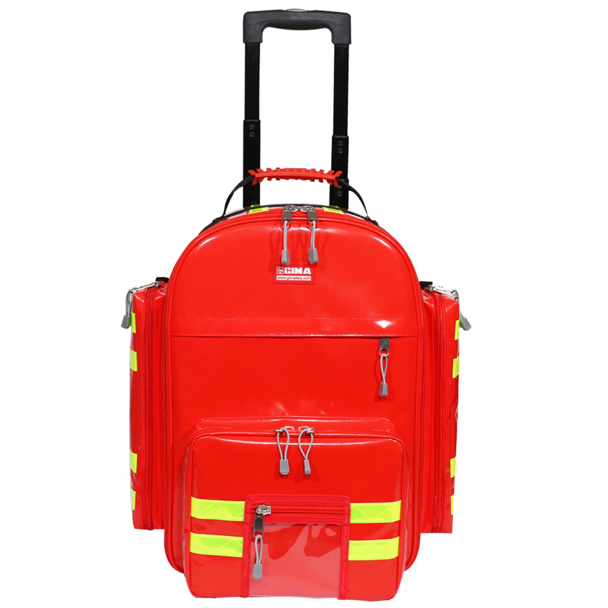 Sac à dos d'urgence GIMA Logic 2, en PVC, avec chariot, 6 sacs colorés, 2 poches frontales et 2 poches latérales, couleur rouge et doubles bandes réfléchissantes jaunes, bretelles