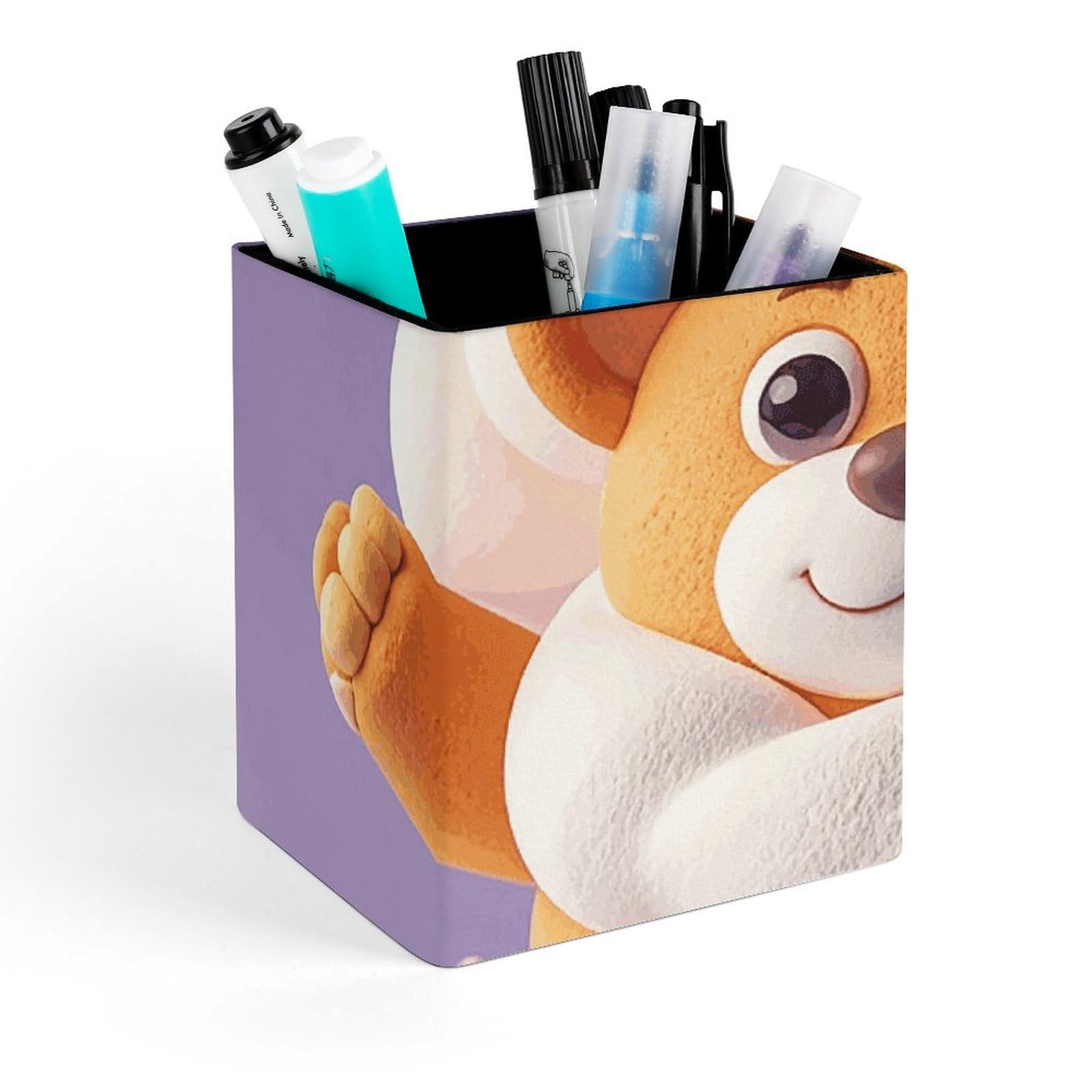 Porte-stylo carré en cuir mignon barbe à papa, pot à crayons bureau enfant