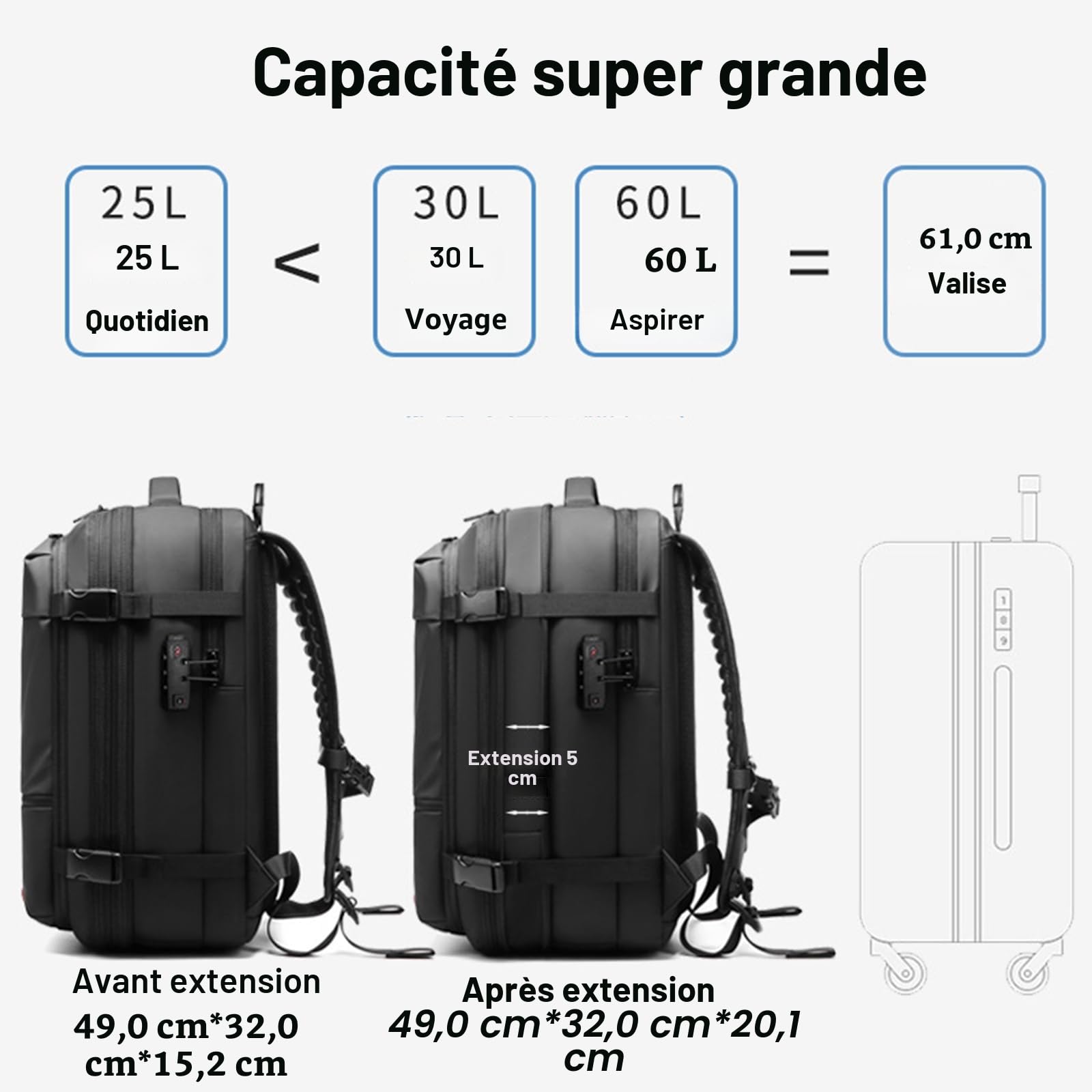 Vacpack - Sac à dos extensible avec système de compression sous vide pour voyage, sac à dos gonflable de 50 litres