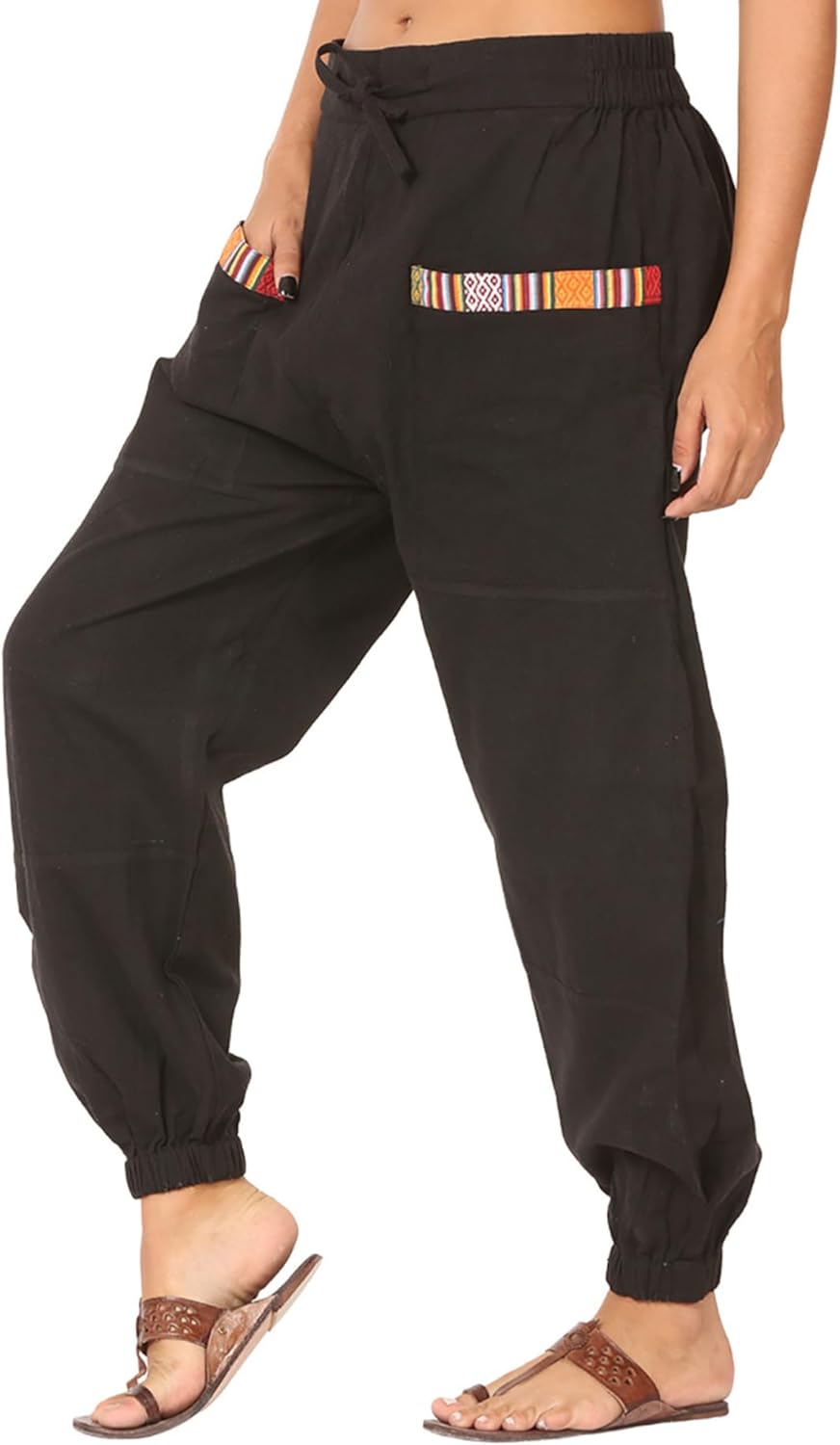Men Women Cotton Linen Baggy Harem Drawstring Yoga Pants, One Size Casual Hippie Trousers with Pockets