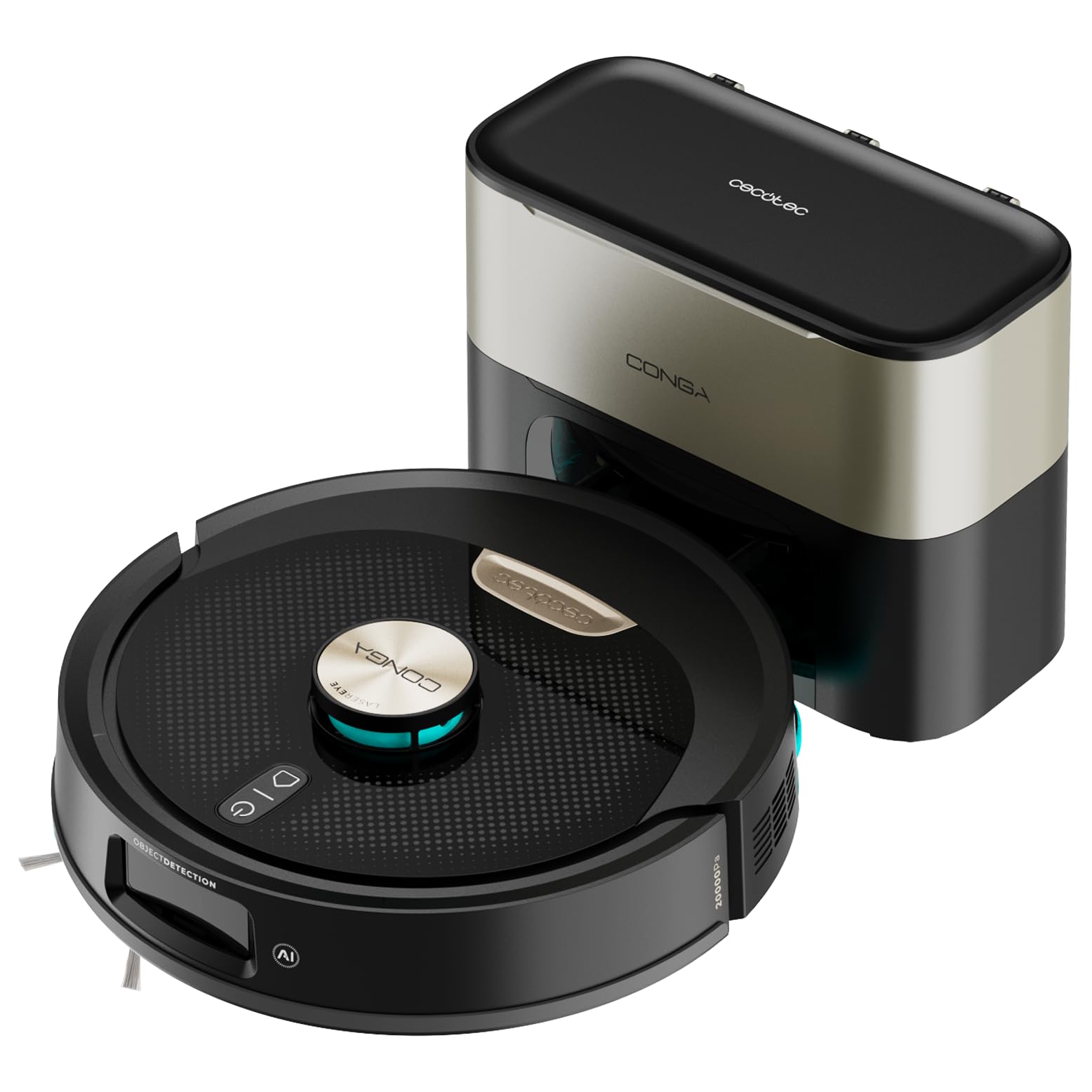 Cecotec Robot Aspirador con Base de Autovaciado Conga Y100 Spin AI. Navegación Láser, 20000Pa Presión de Succión, Cepillo de Silicona Especial Casas con Mascotas, Base de 2.8L, Control App
