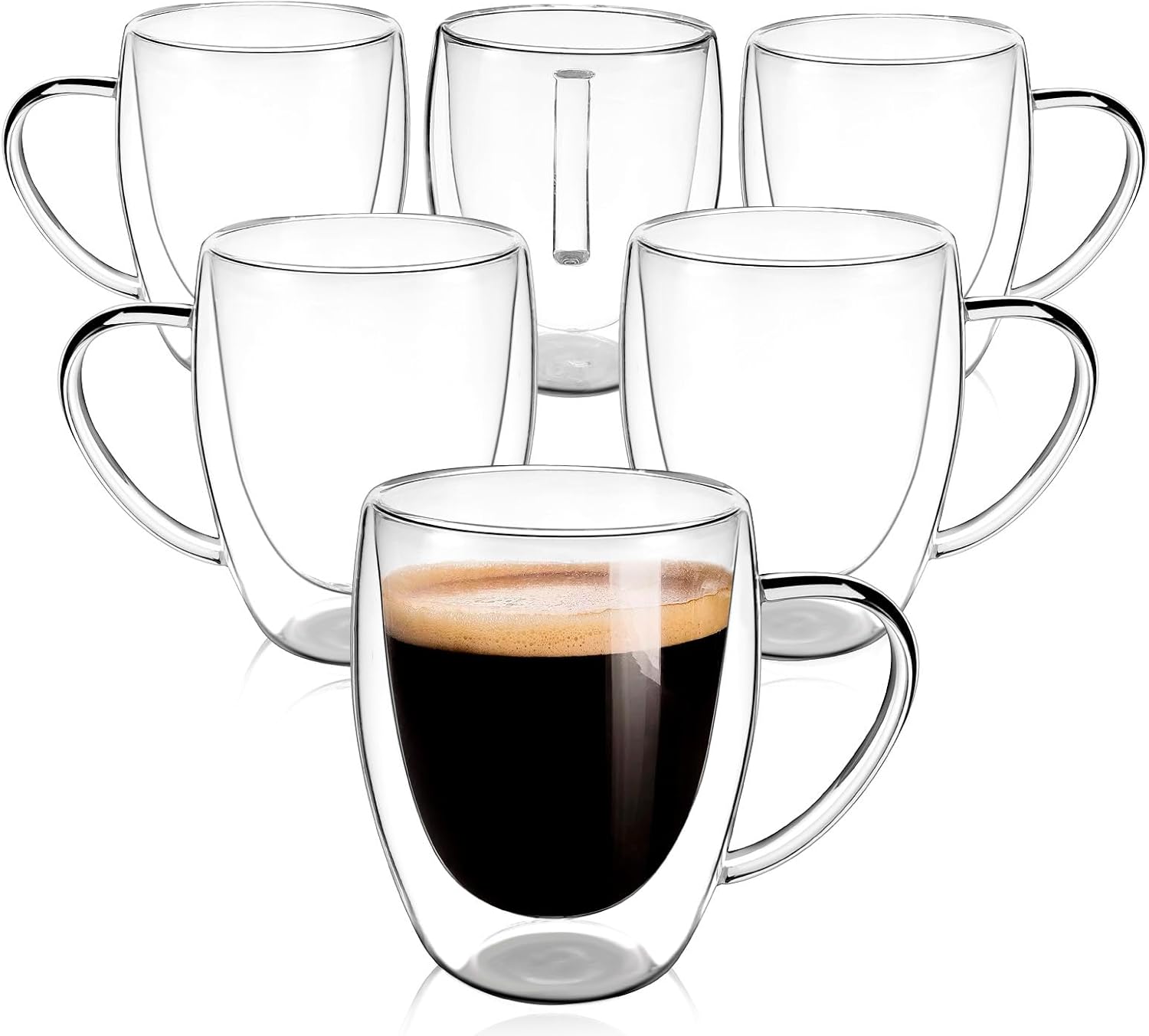 EYE4TECHS Clear Glass Double Wall Insulated Round Coffee Mugs Set of 6 Pieces - Medium Size 12oz Best Reusable Coffee Mug for Home Cafe Restaurant Perfect for Espresso Capucinno Lungo Latte Coffee