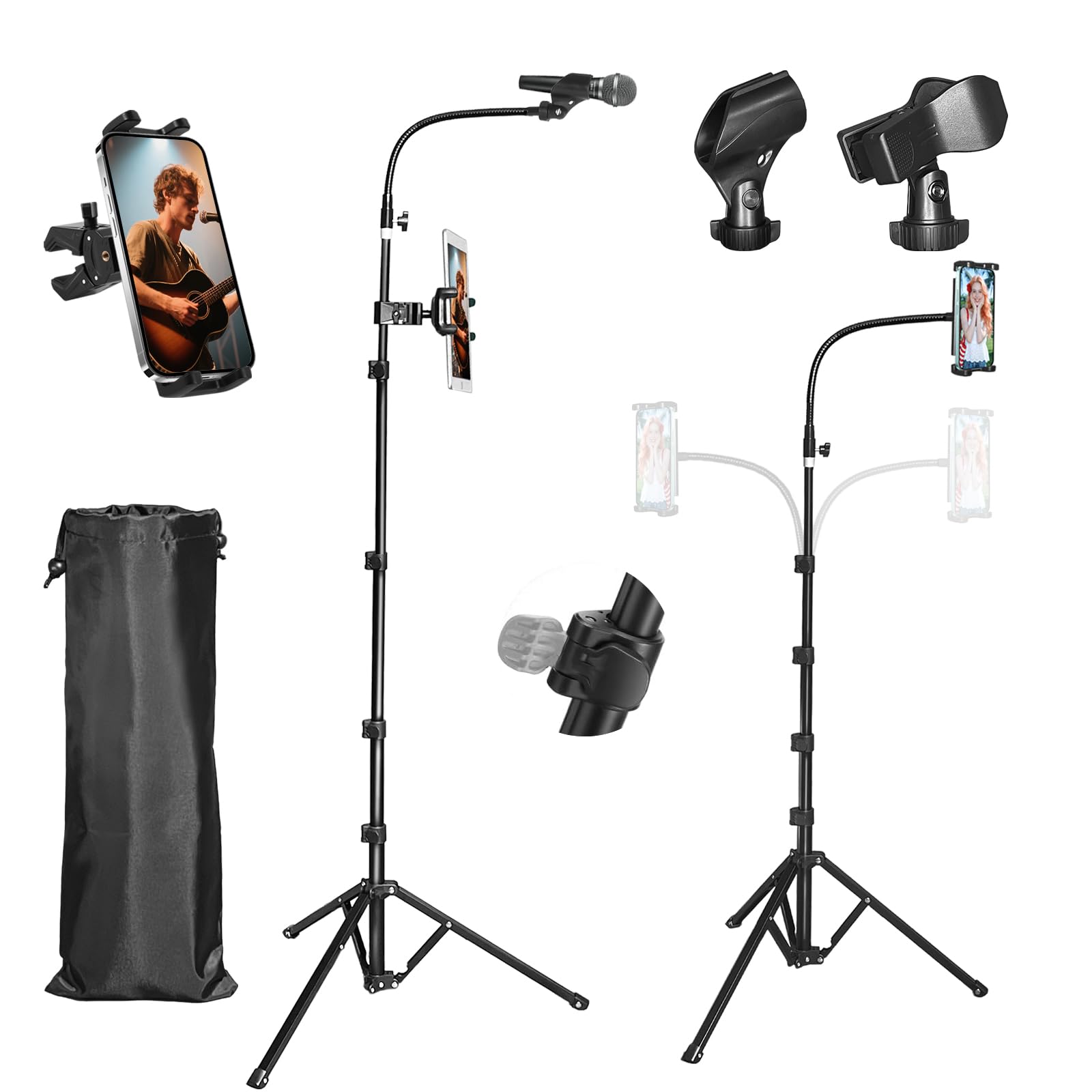 2 in 1 foldable microphone & ipad stand with phone/tablet holder, 78’’ tall height adjustable mic tripod boom, for singing, performance, karaoke, speech, stage, 17" min storage size with bag