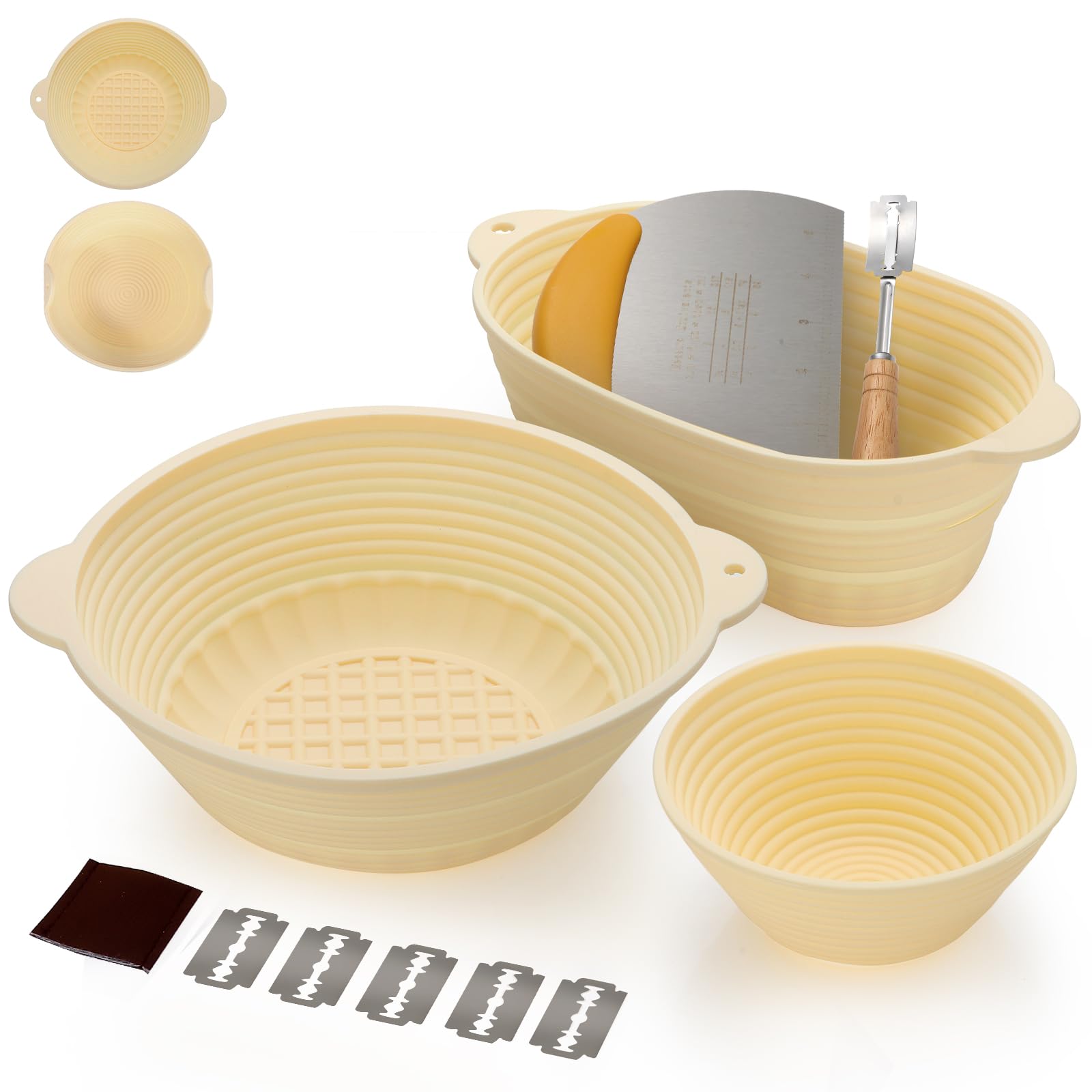 Sourdough Starter Kit Gift Set,Round 10" &amp; Oval 10" &amp; Round 5",Silicone Proofing Basket, Banneton Bread Proofing Basket, Sourdough Baking Kit, Ideal Gift for Bakers, Wife, Mom