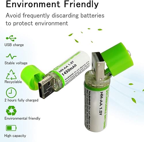 GreenEarth Baterías AA recargables USB | 1450 mAh | Cargador USB de carga rápida | 500 ciclos reutilizables | NiMH Doble A 1.2 V (paquete de 2)