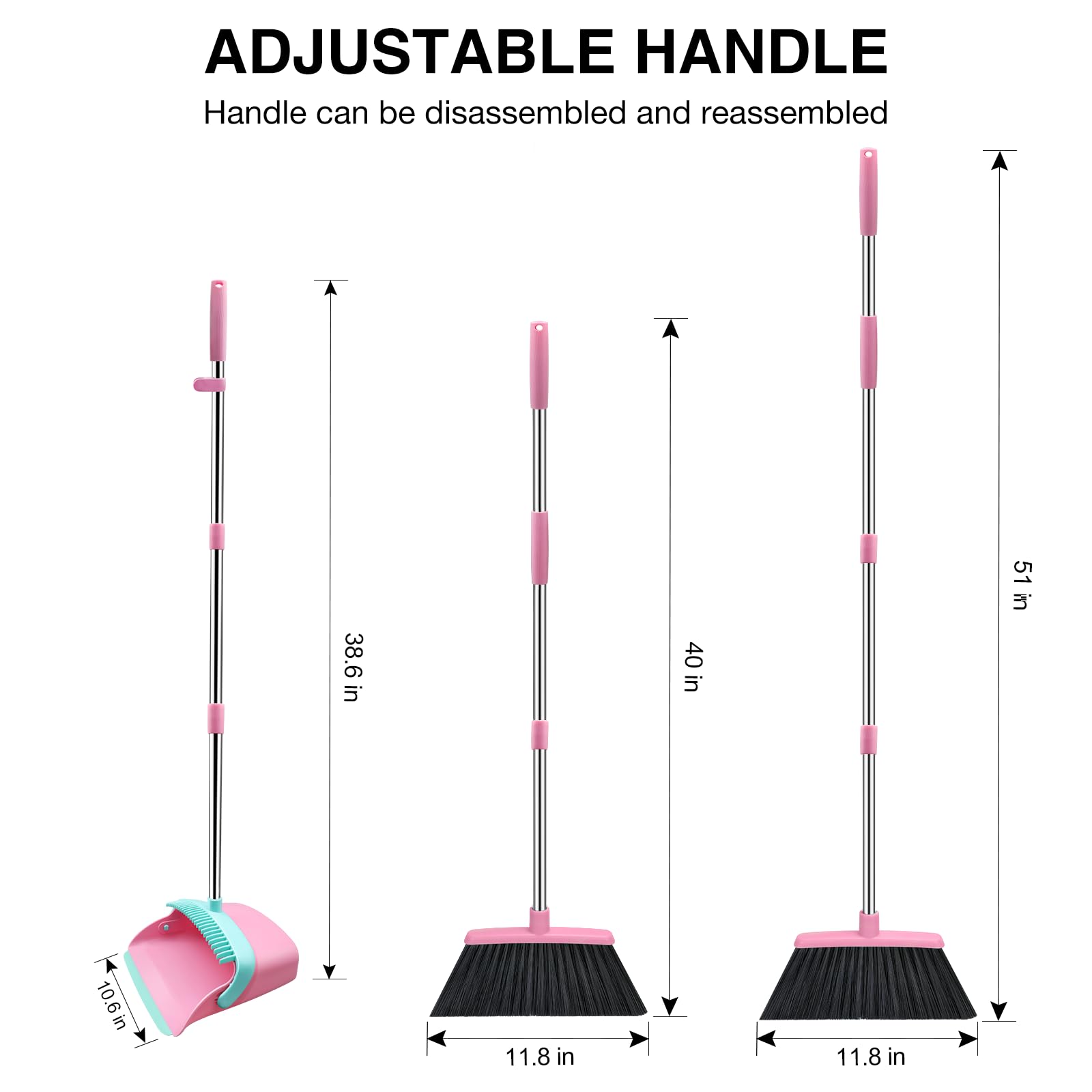 Besen- und Kehrschaufel-Set, 132,1 cm lang, verstellbarer Griff, Besen, Kehrschaufel, Kombi mit Kehrschaufelzähnen zur automatischen Haarreinigung, geeignet für Zuhause, Küche, Büro, Flur, Boden, Rosa