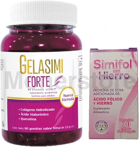 Gelasimi Forte Gummies (60 unidades) 0.10 oz cu Colágeno hidrolizado Biotina Acido hialurónico y Queratina y Simifol Hierro