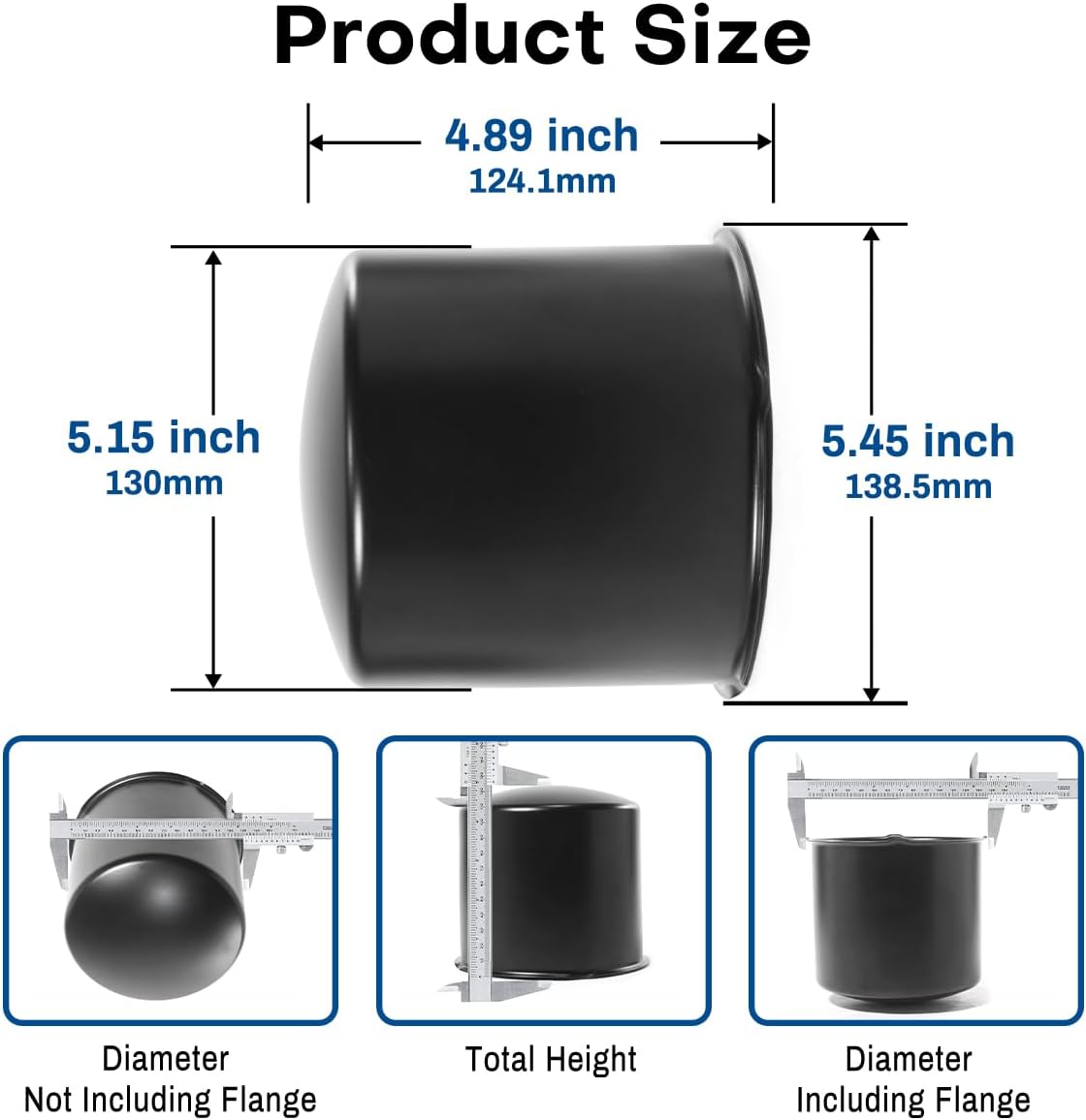 5.15inch Trailer Wheel Center Caps Stainless Steels Matt Black Push Through Hub Covers Fit 5.15" Center Bore Truck Trailer RV SUV Wheels Rims, 2xOpened End 2xDome End Caps Combo, 4Pcs