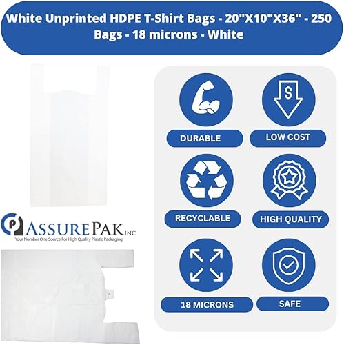 Miniatura 3 de Bolsas blancas de polietileno de alta densidad sin imprimir – 20 x 10 x 36 pulgadas con asas – 250 unidades – 18 micras – Venta al por menor,