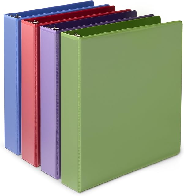 Amazon Basics 3 Ring Binder, 1.5 inch Binder, Round Rings, Assorted Colors, 4 Pack