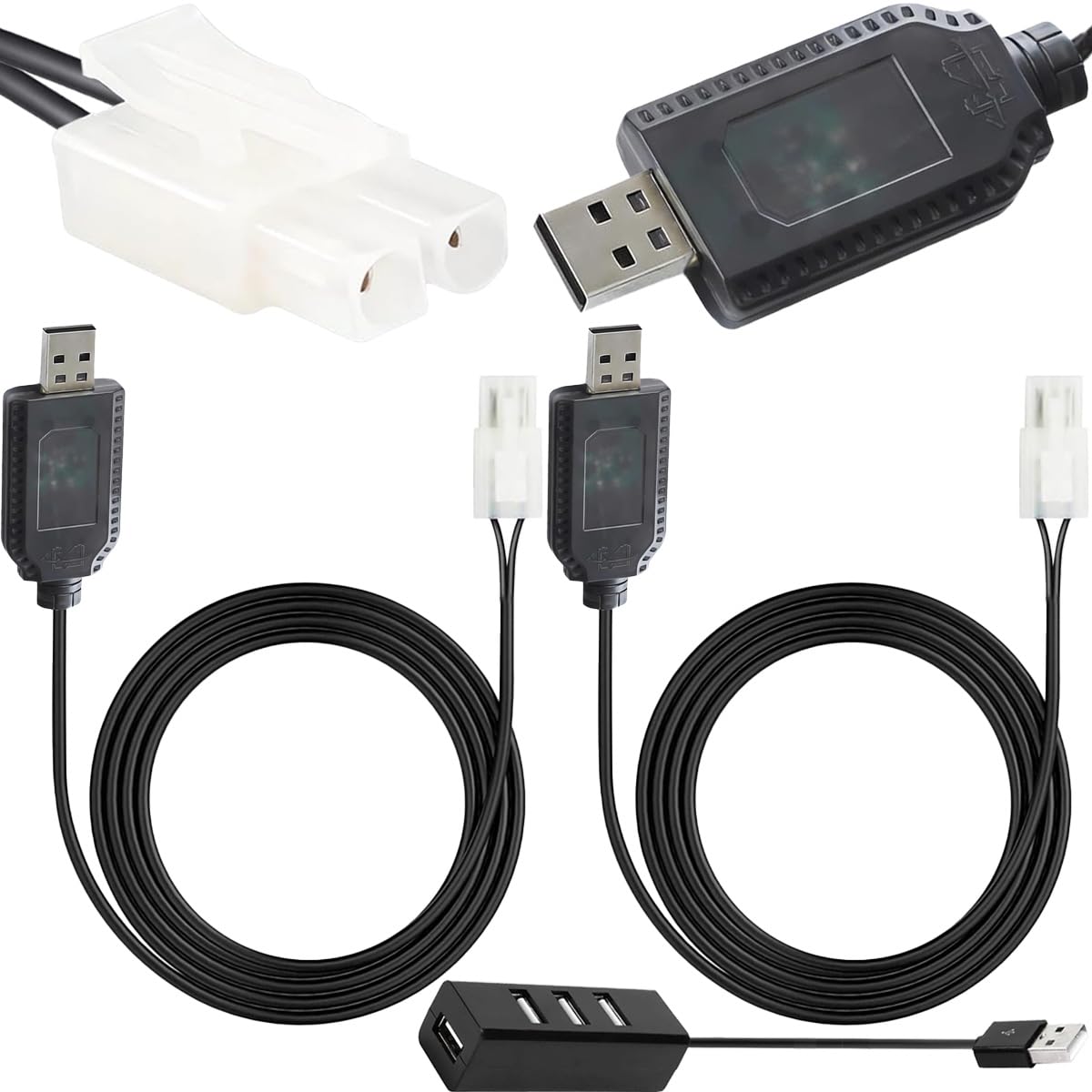 HAAMNING7 2 Pcs 7.2V Battery Charger Cable Compatible for Tamiya KET-2P 2 Pin Plug Connector NiCd NiMH 250mA USB Charging Wire with 4 Ports USB Hub for RC Car Airsoft Boat Plane Drone Excavator