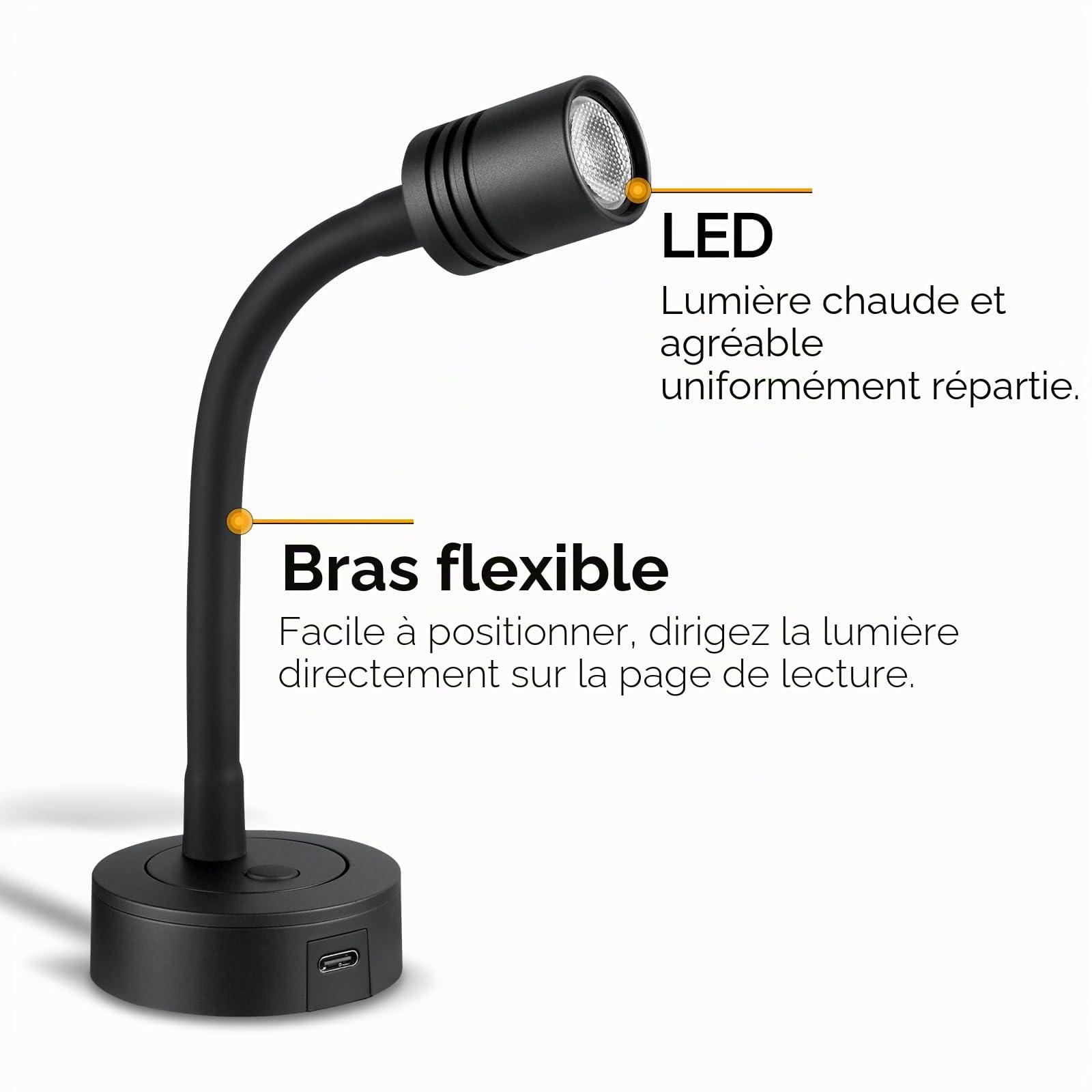2 x Lampe de Lecture 12V LED Spot Flexible Col de Cygne Noir Réglable Applique Murale DC 12V-24V 3200K pour Camping-Car Bateau Caravane Voiture Camion, Chargeur Type-C intégré & Variateur