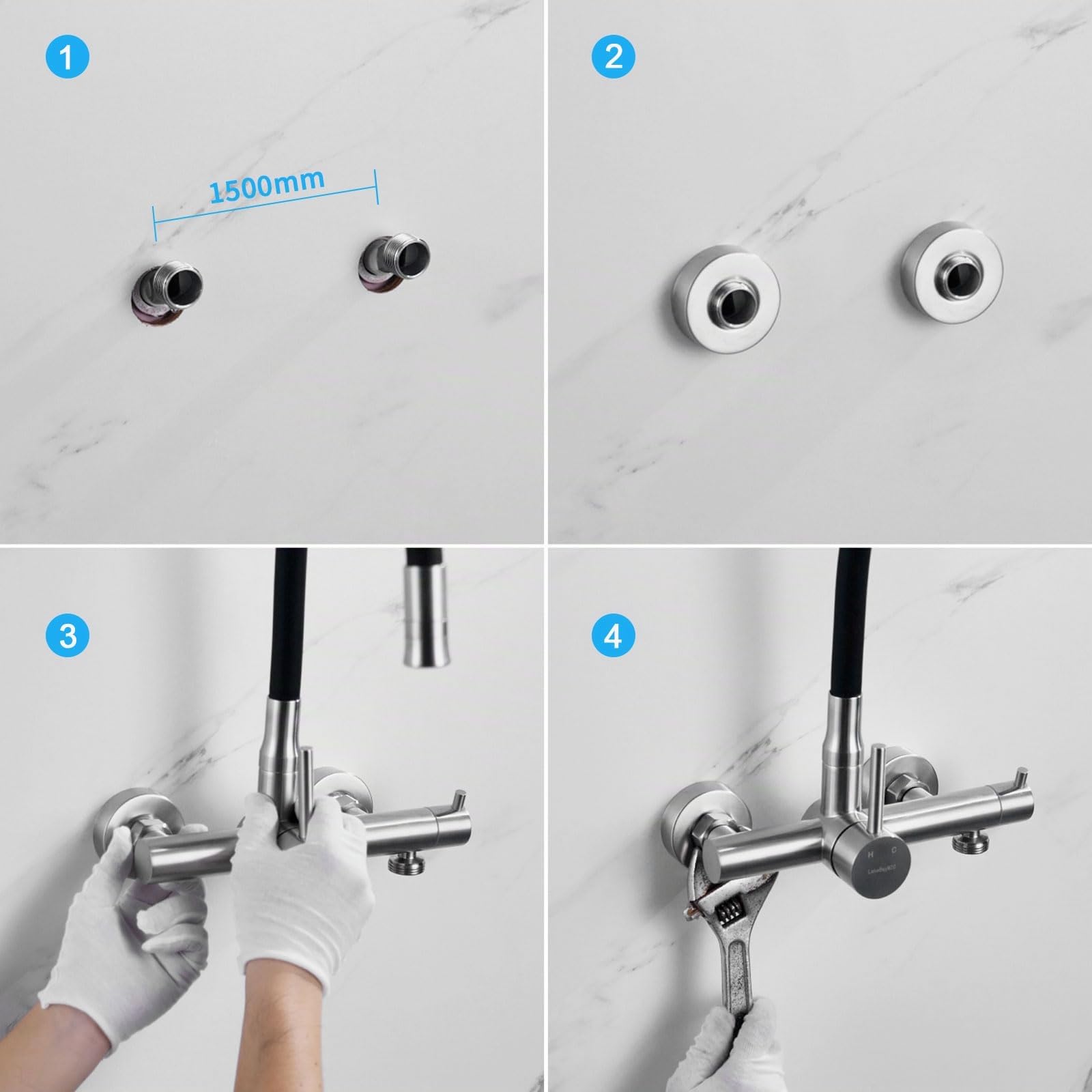 Grifo de Cocina Pared Monomando 360° Acero Inoxidable 304 Cepillado 3/4