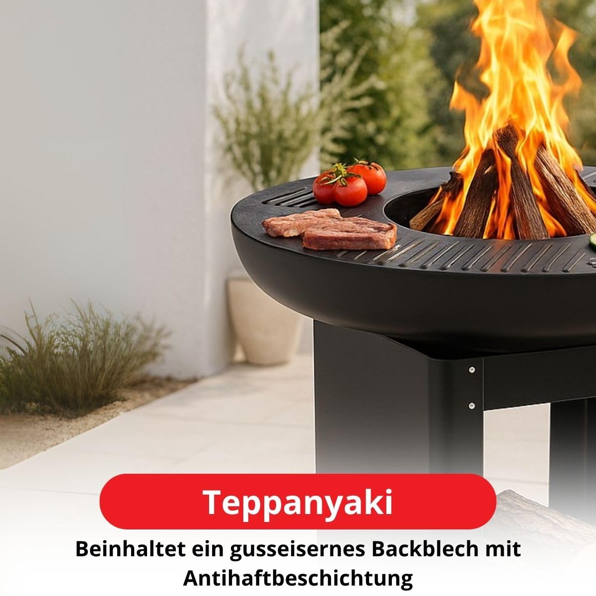 BBQ Collection 3-in-1 Feuerschale mit Grillrost - Feuerkorb 61 x 90 cm - Outdoor Küche mit Teppanyaki und BBQ Grillplatte - Plancha BBQ mit Holzlagerplatz - Gartenkamin für Außen - Metall