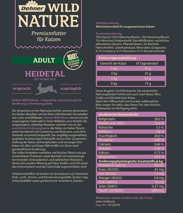 Dehner Wild Nature Katzenfutter Heidetal, Trockenfutter getreidefrei, für ausgewachsene Katzen, Kaninchen, 1.5 kg