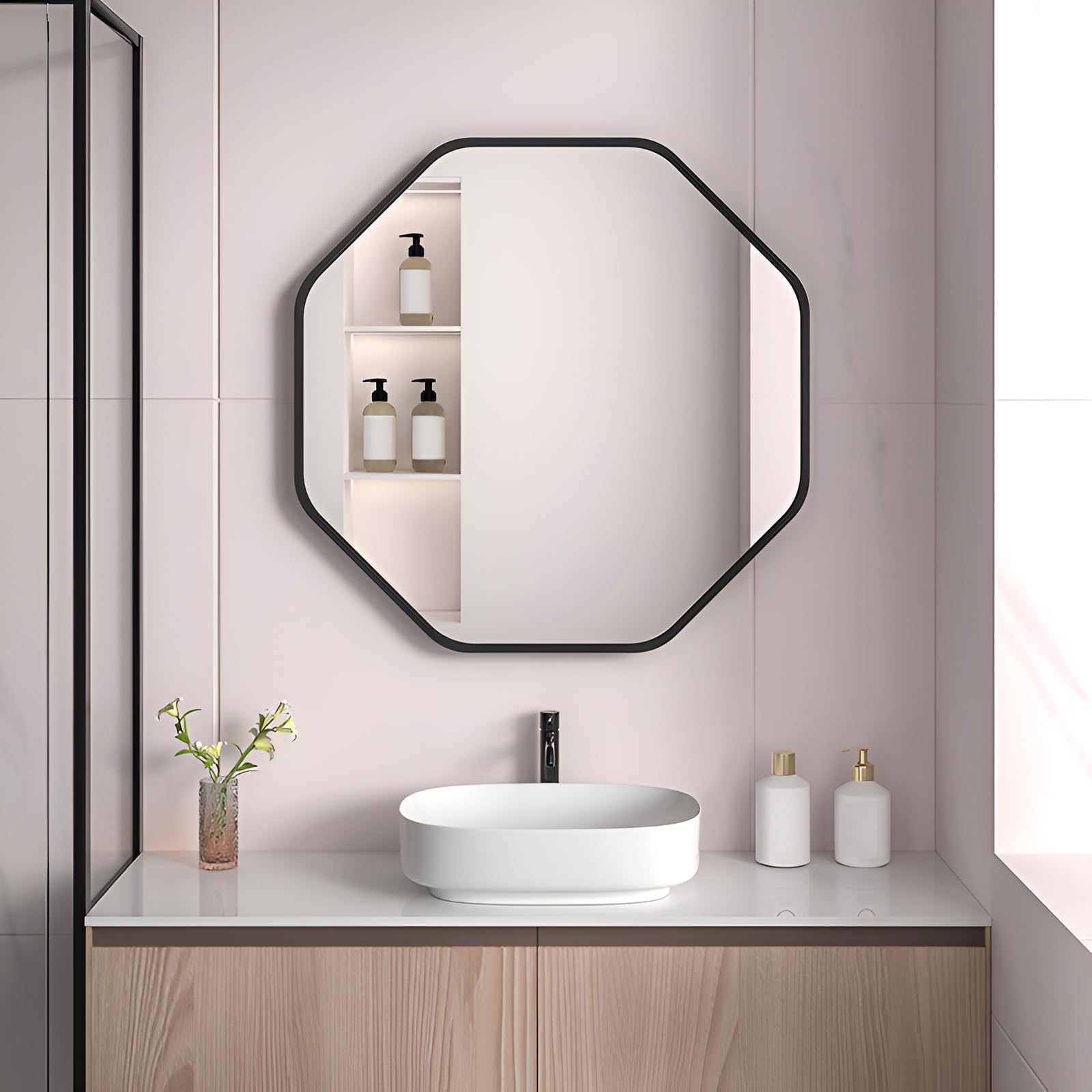 FGXHHS 15.7in, 19.7in, 23.6in, 27.6in, 31.5in, Metal Frame, Octagon Mirrors Beveled Edge Wall For Over Sink, Entryway, Vanity, Bedroom(Black,60cm/23.6in)