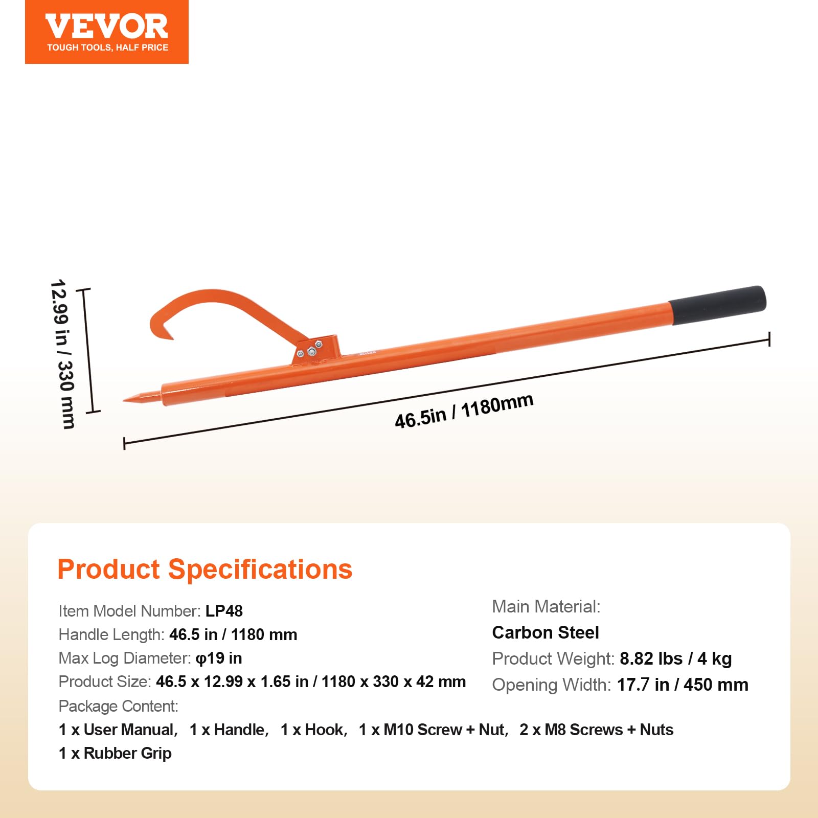 VEVOR Elevador de Troncos con Mango de Metal Recubierto de Goma de 1180mm Gato para Troncos de Diámetro de hasta 19" Gancho para Troncos Resistente a la Oxidación para Rodar, Elevar y Girar Troncos
