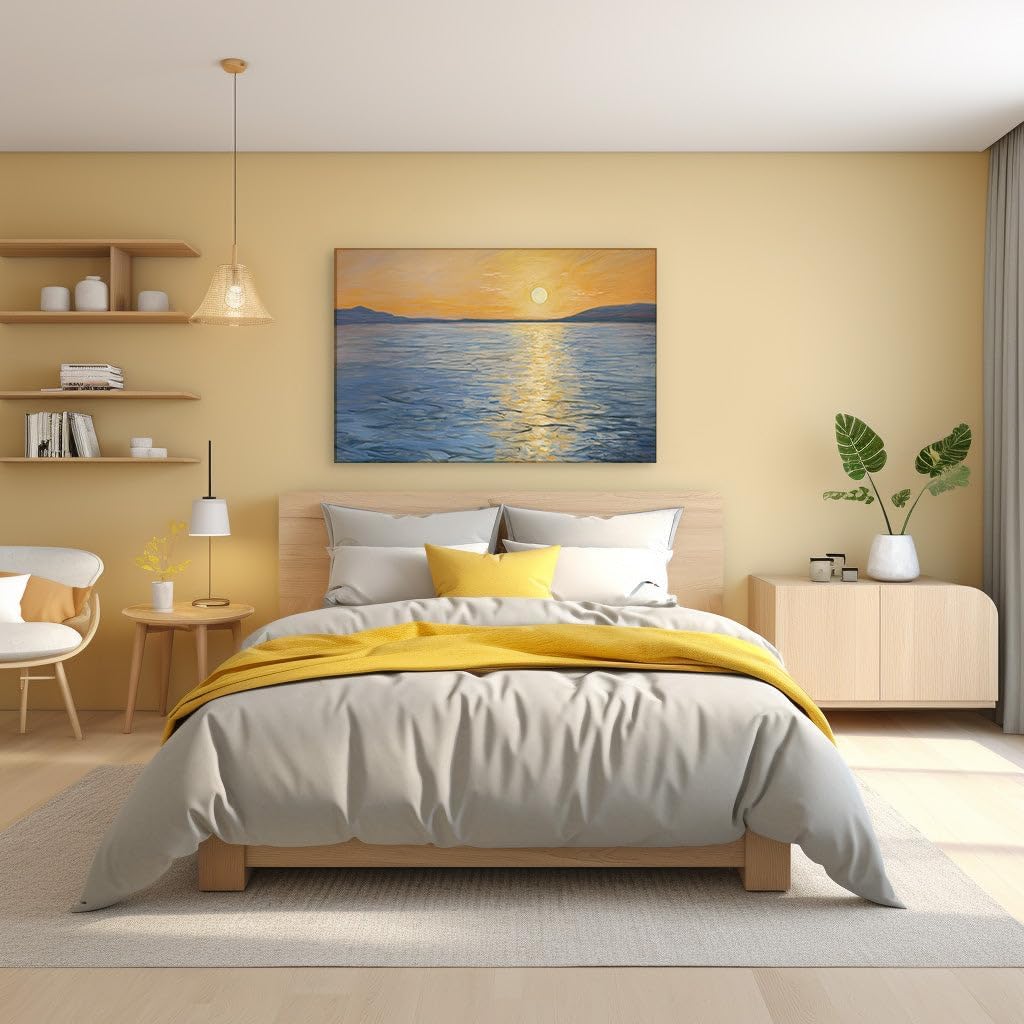 Art Wall: Ethereal Sunset Over Tranquil Sea, a Spectacle Of Golden Light And Serene Waves. Interior Decor, Canvas Art Design, Arts Wall Decoration, Office Arts Design, Size: 69x46 cm (27x18 inch)