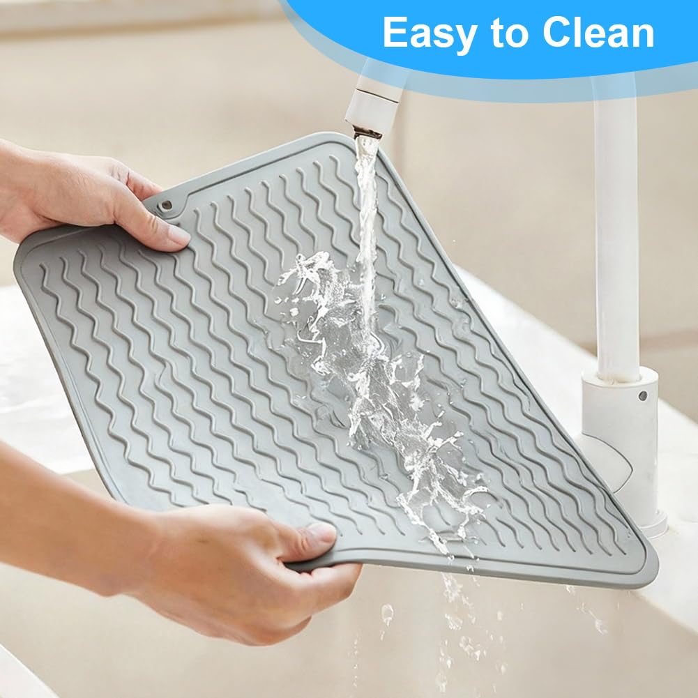OSDUE Alfombrilla Escurreplatos de Silicona,50 x 40cm Alfombrilla Escurreplatos Plegable,Estera Para Lavar Platos Enrollable Antideslizante Resistencia a Altas Temperatura para Cafetera,Gris