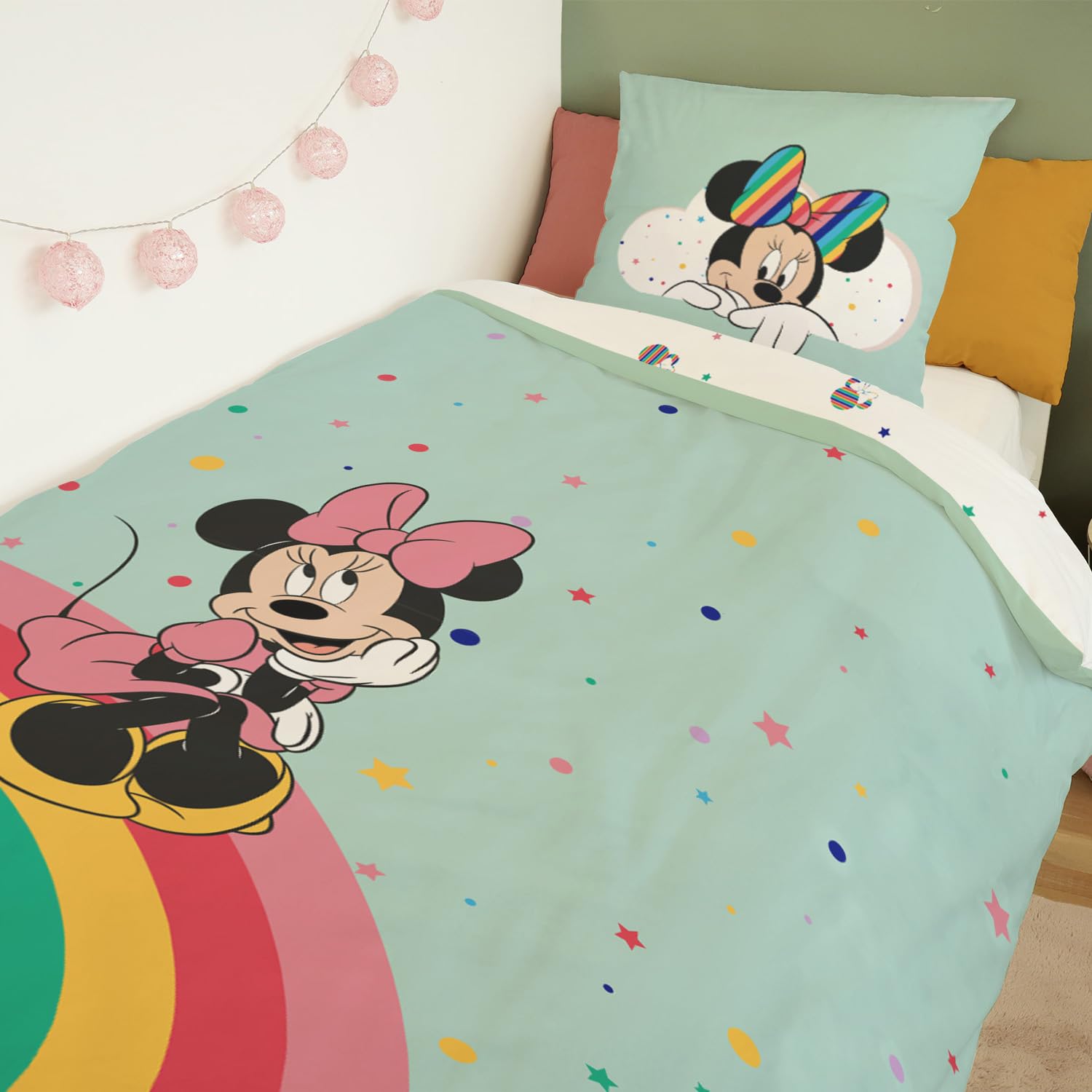 Housse de Couette Minnie Arc-en-Ciel 140x200 cm + 1 Taie d'oreiller 63x63 cm - 100% Coton - Vert d'eau