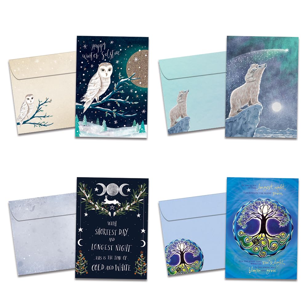 Tree-Free Greetings - Season's Greeting Cards - Artful Designs - 16 Assorted Cards + Matching Envelopes - Made in USA - 100% Recycled Paper - 5"x7" - Solstice Assortment (GP60499)