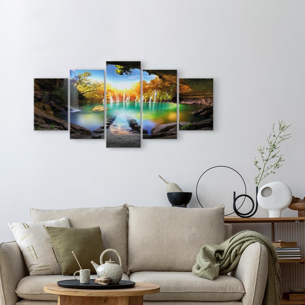 murando Cuadro en Lienzo Paisaje Gruta 200x100 cm Impresión de 5 Piezas Material Tejido no Tejido Impresión Artística Imagen Gráfica Decoracion de Pared Cascada c-A-0127-b-m