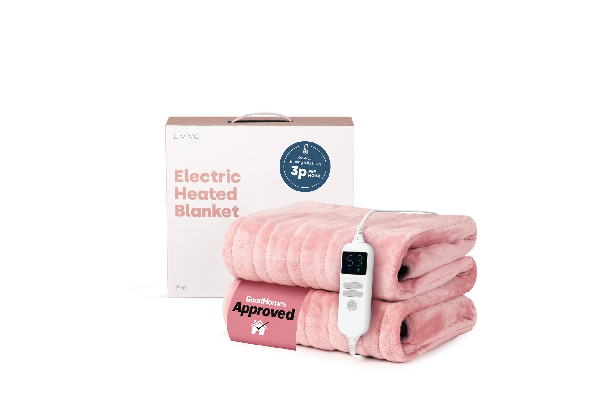 LIVIVO Electric Heated Blanket, 160x130cm – Ultra Soft Fleece Electric Over Blanket Throw with 9 Heat Settings, Timer, Auto Shut-Off – Energy Efficient & Machine Washable - Blush