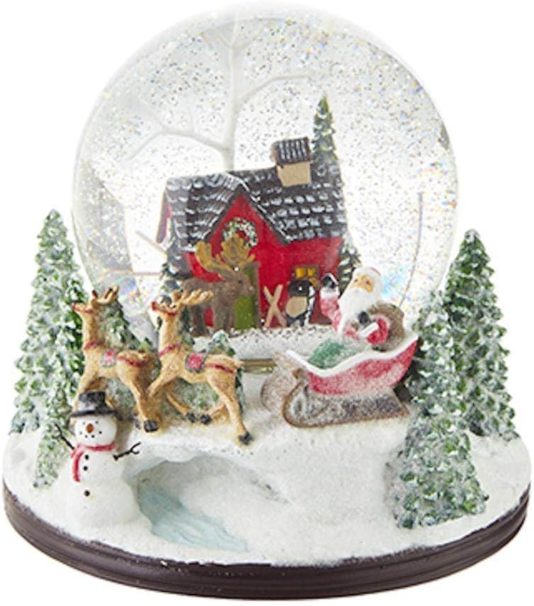 RAZ Imports 4200760 House with Santa and Sleigh Musical Lighted Swirling Glitter Water Globe, 6.5-inch Height, Resin and Glass