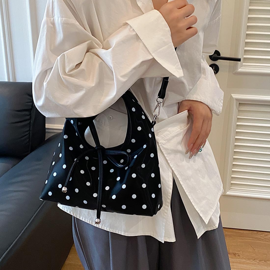 MaxxCloud Polka Dot Bow Handbag Tote for Women:Daily PU Leather Purse,a Versatile Crossbody&Shoulder Bag for Work & Shopping