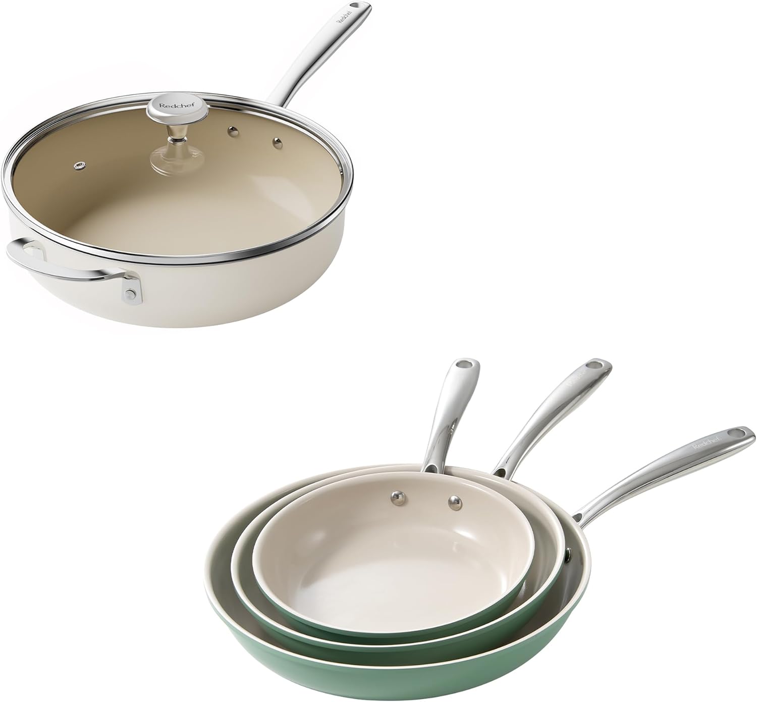 Redchef Ceramic Saute Pan with Lid, Nonstick Deep Frying Pan, 5QT Jumbo Cooker with Helper Handle & Lid, Non Toxic Ceramic Cooking Pan, Chef Pan, Dishwasher & Oven Safe, PFAS PFOA & PTFE Free with 3PC