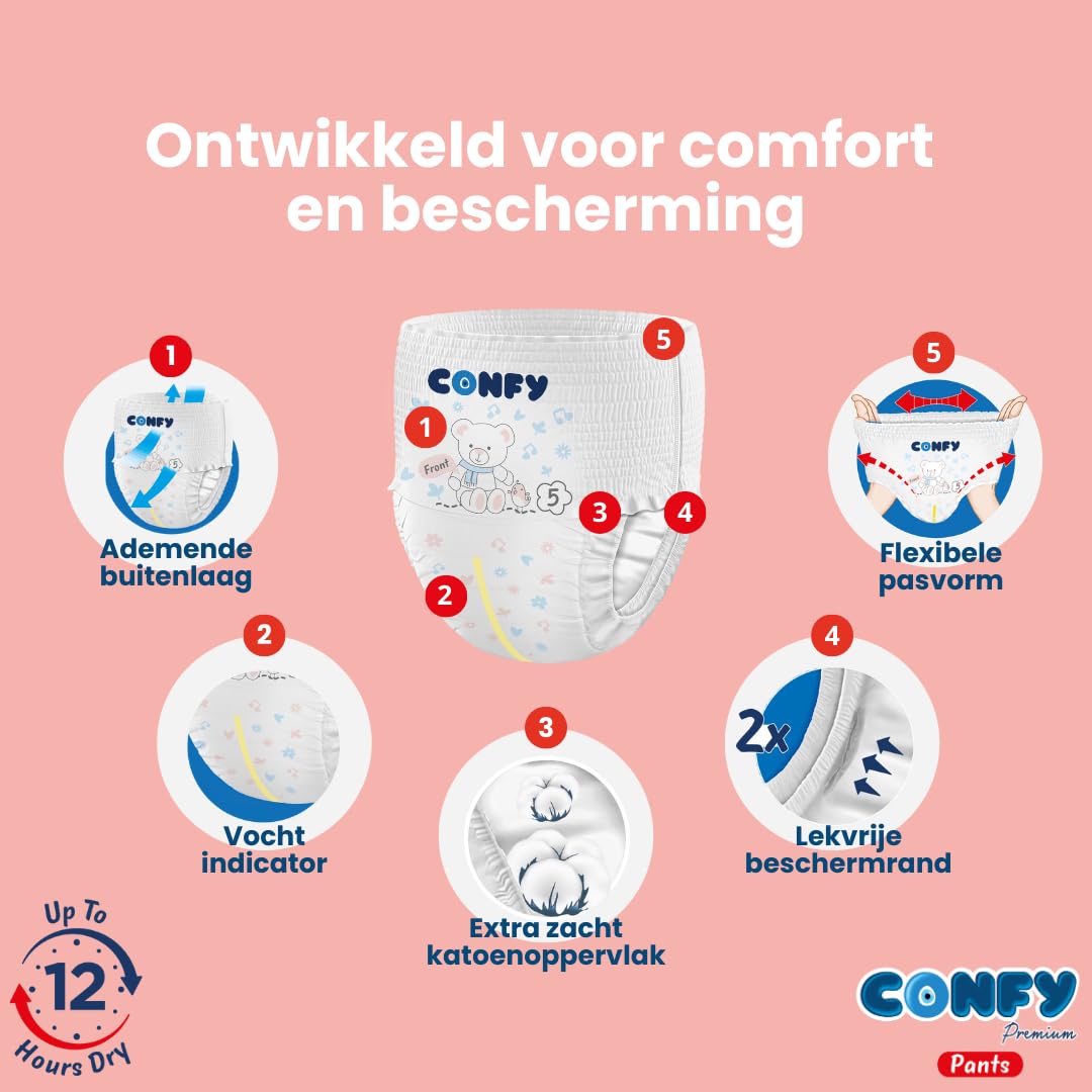 Confy Premium pieluchy rozmiar 5 (12 kg - 17 kg), pojemnik na miesiące, 120 sztuk, testowane dermatologicznie, elastyczne dopasowanie, wskaźnik oddawania moczu, CareShield