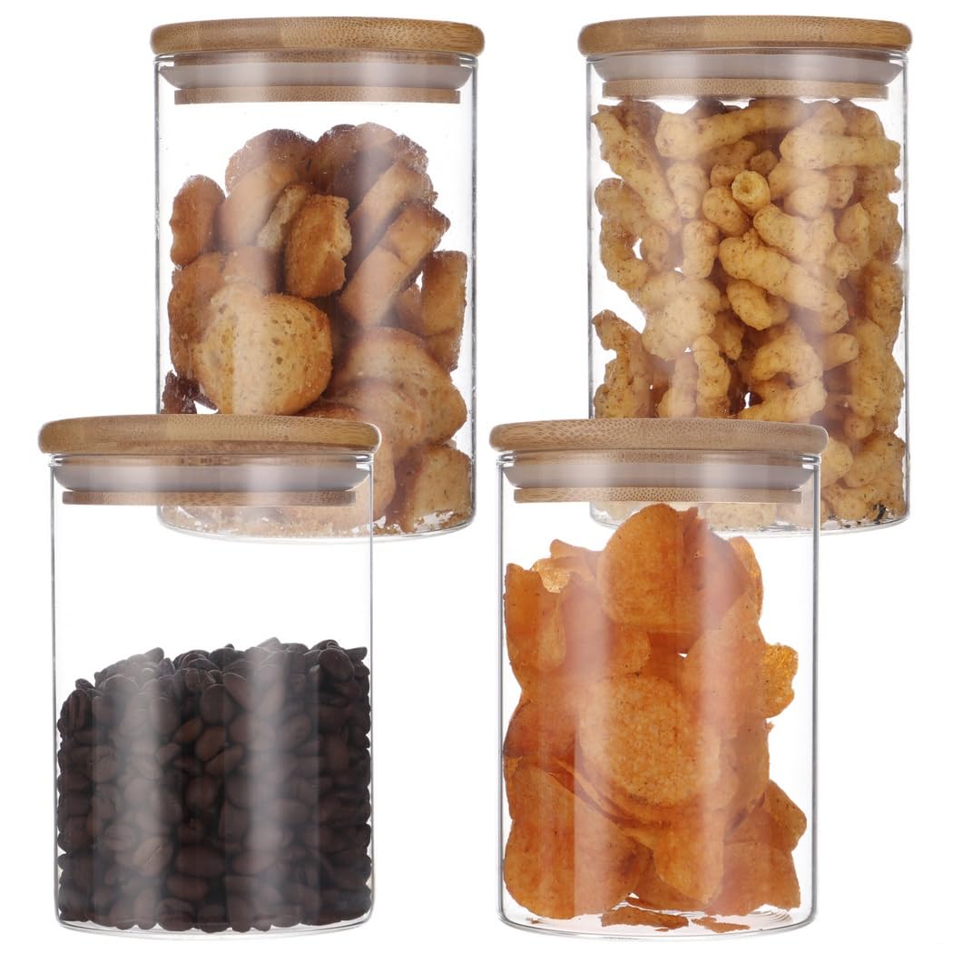 Küchen-Organizer für Kaffeebohnen, Kekse, Nüsse, Gewürze, 4 Stück Glas-Vorratsdosen mit Bambusdeckel, 550 ml, transparente Behälter, luftdichte Frischhaltedosen