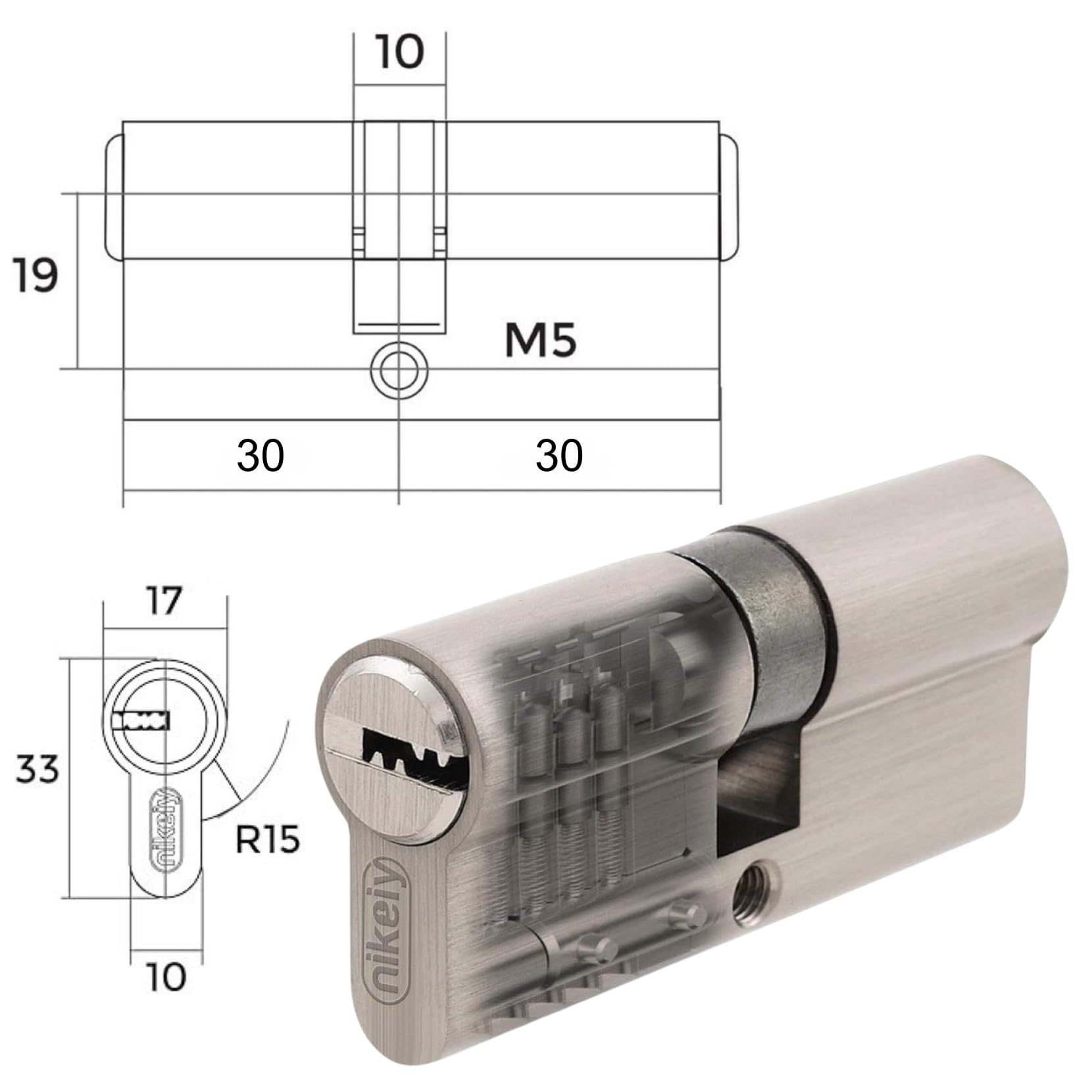 3er-Set: Gleichschließende Messing-Doppelzylinder 30/30 mm (60 mm), ein Schlüssel für alle Zylinder, inkl. Schlüssel und Schrauben, für Haus- und Garagentüren