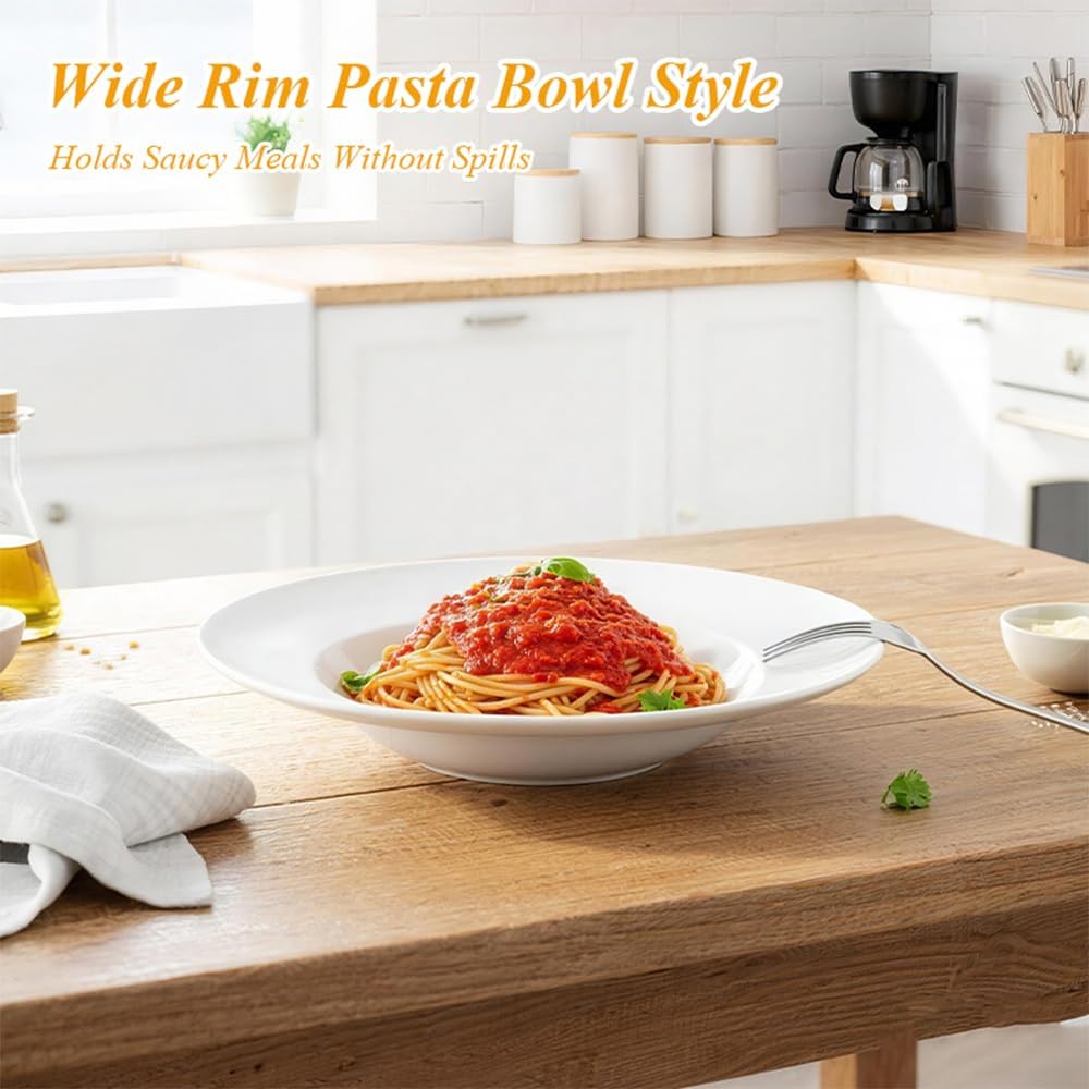 8pcs Unbreakable Wide Rim Pasta Bowls, 9in Microwave Safe Polypropylene (PP) Plastic Plates, Dinner Soup Plates Style for Everyday Meals, Dishwasher Safe, BPA Free