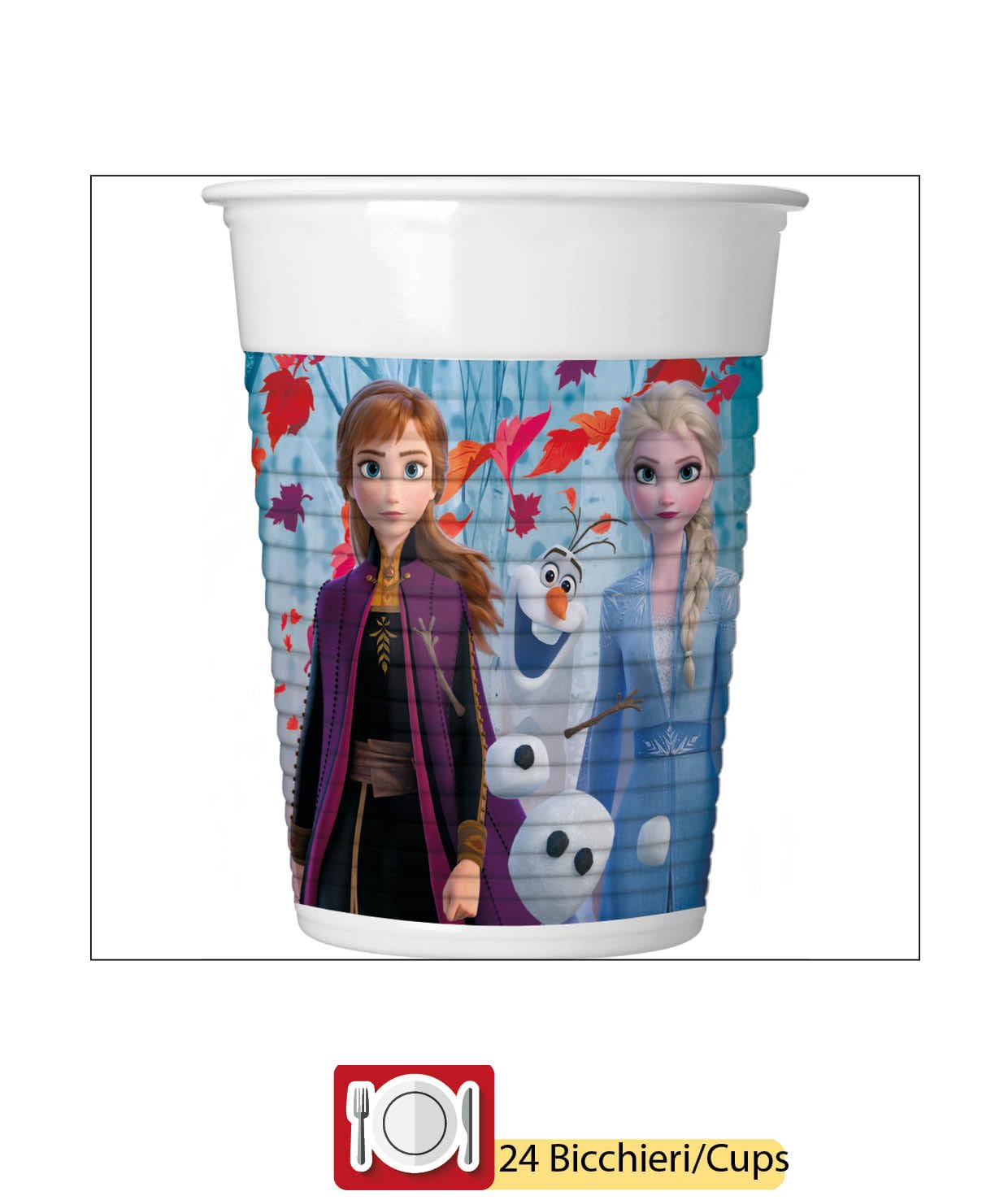 Kit Party Tavola Disney Frozen II per 24 persone (112 pezzi: 24 piatti Ø23cm, 24 piatti Ø20cm, 24 bicchieri 200ml, 40 tovaglioli 33x33cm)