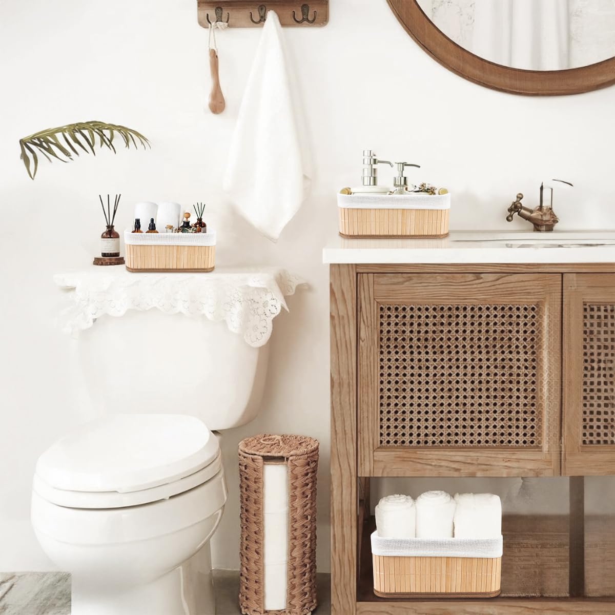 Kit com 3 Cestos Organizadores Feito de Bambu Cor Claro. Perfeito Para Banheiros, Armários, Lavanderias, Entre Outros. Bonito e Elegante (Bege - Grande)