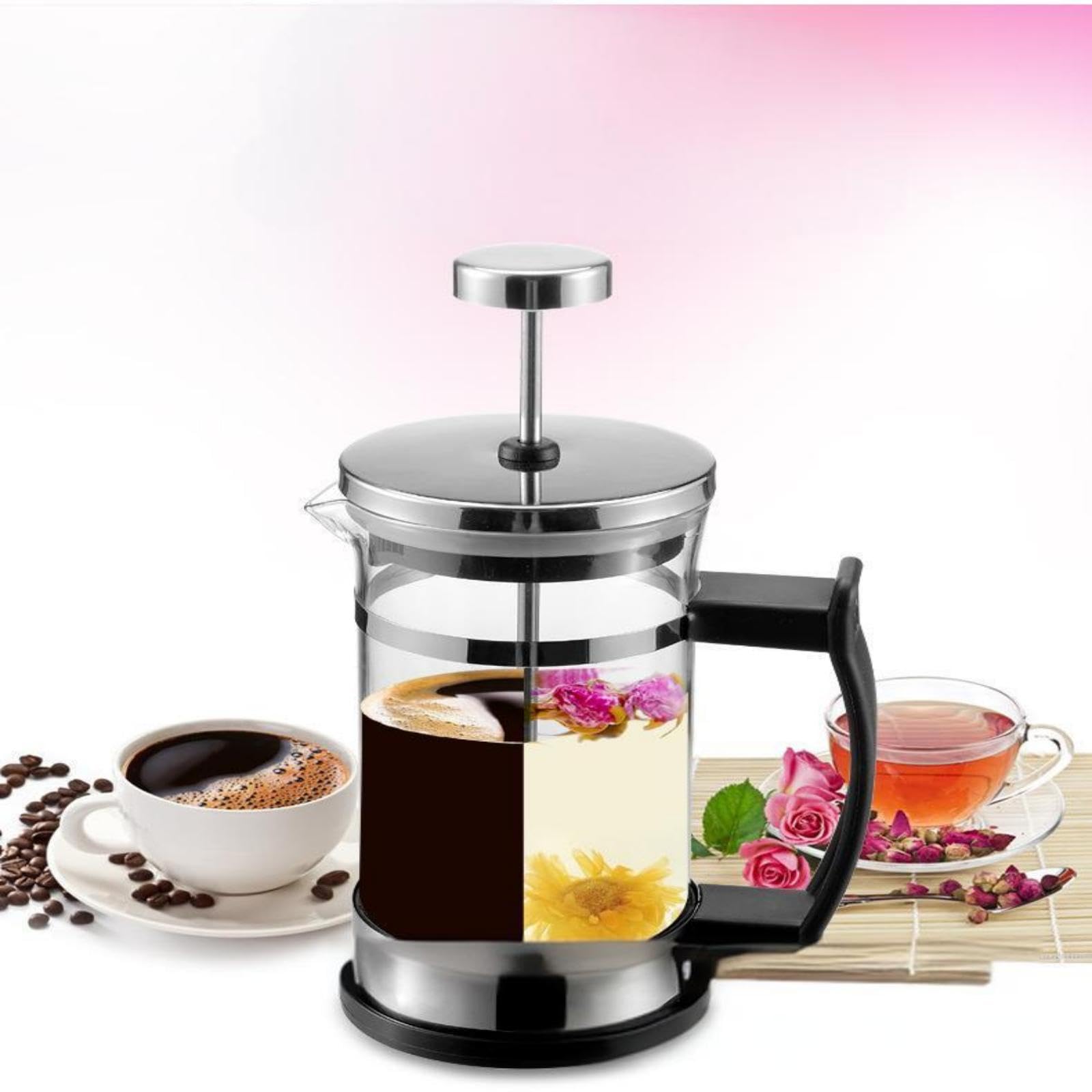 Caraffa Tisana Vetro,Caffettiera in Vetro in Acciaio Inox, French Press, Caffettiera Domestica French Press Filter Pot Tea Maker, Alloggiamento in Acciaio Inox FrenchPress Coffee Maker